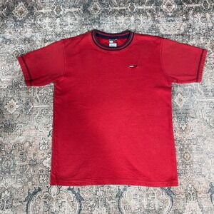 Tommy Hilfiger Vintage Red Textured Ringer T-Shirt Mens XL Flag Logo 100% Cotton